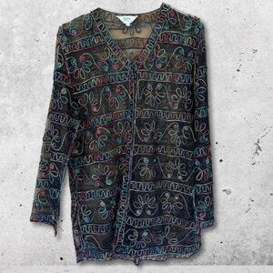 Celsa Sheer Mesh Duster Lightweight Embroidered Floral Black‎ Multicolor W L